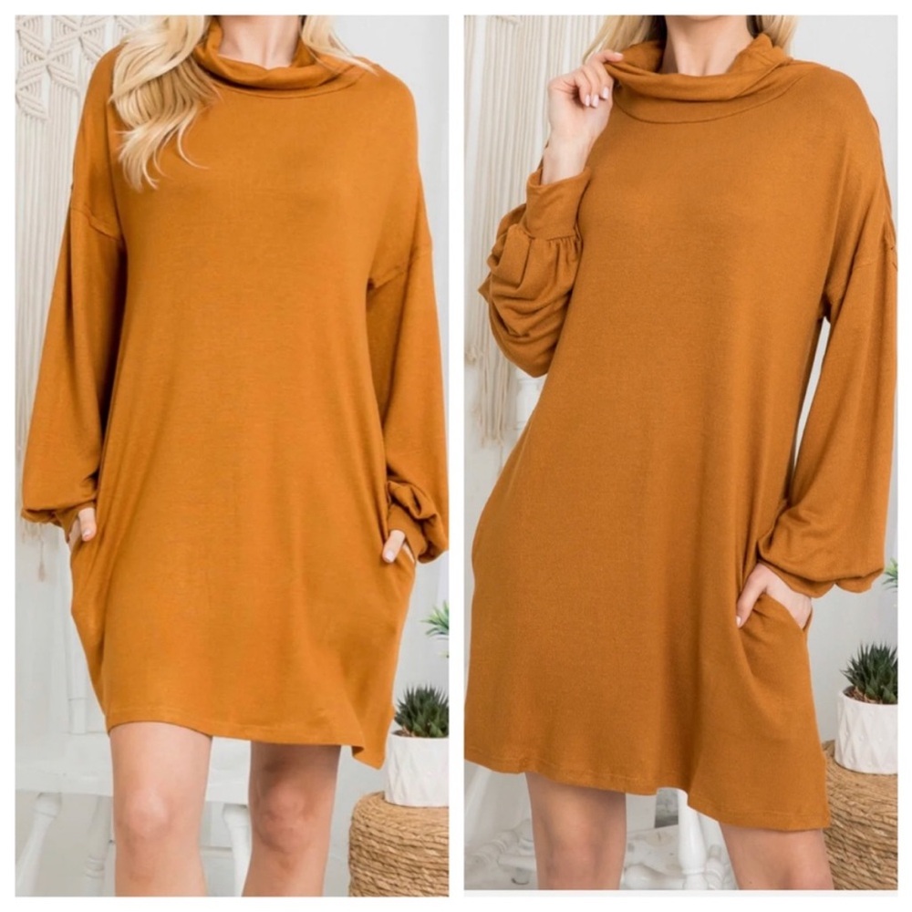 NWOT New In Gold Cowl Neck Cuff Sleeve Side Pocket Knit Dress